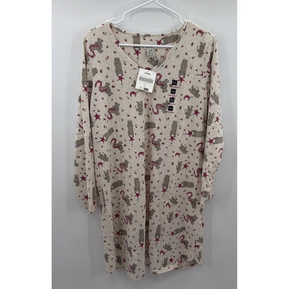Classic Elements Pink Flower Bears Long Sleeve V-Neck Nightgown Size S/M‎ Cotton